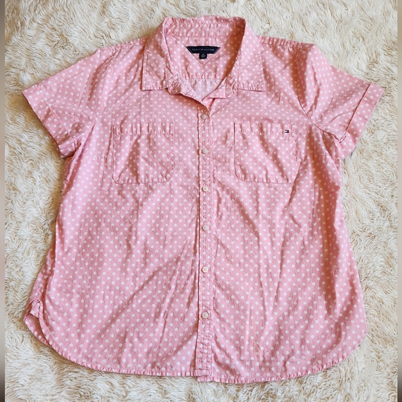 Tommy Hilfiger XL pink short sleeve white polka dot button-down shirt - Picture 3 of 8